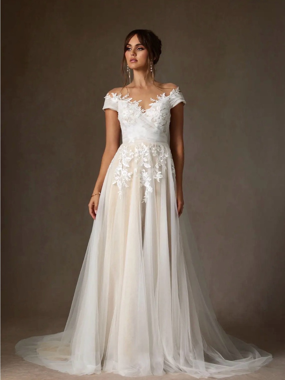 Azazie Off-Shoulder White Bridal Gown with Lace Appliqué